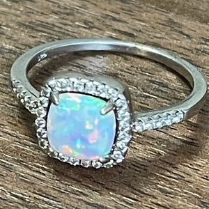 Sterling Silver Opal and CZ Ring - Size 8
